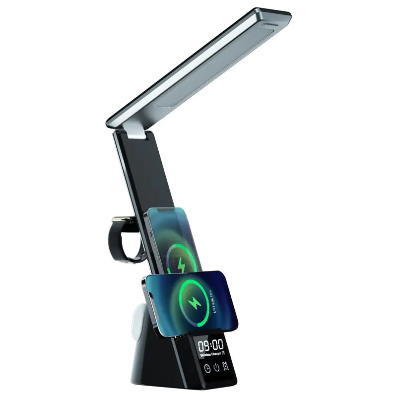 Ilumina y Potencia tu Espacio con la Lámpara de Escritorio LED 3 en 1 de 15W con Cargador Inalámbrico QI y Reloj Despertador