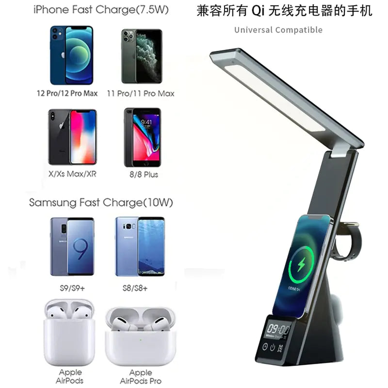 Ilumina y Potencia tu Espacio con la Lámpara de Escritorio LED 3 en 1 de 15W con Cargador Inalámbrico QI y Reloj Despertador